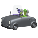 Ein Icon, das ein graues Cabrio-Auto zeigt, in dem zwei Personen sitzen. Der Fahrer ist grün und winkt. Die Beifahrerin ist lila und blickt auf den Straßenverkehr.